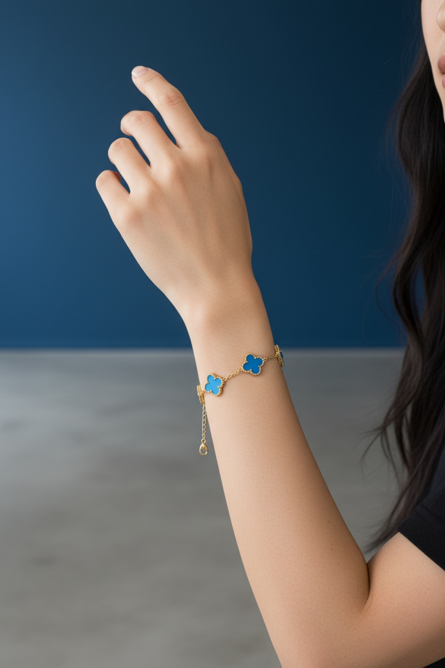 Gold-Tone Blue Four-Leaf Clover Motif Station Bracelet